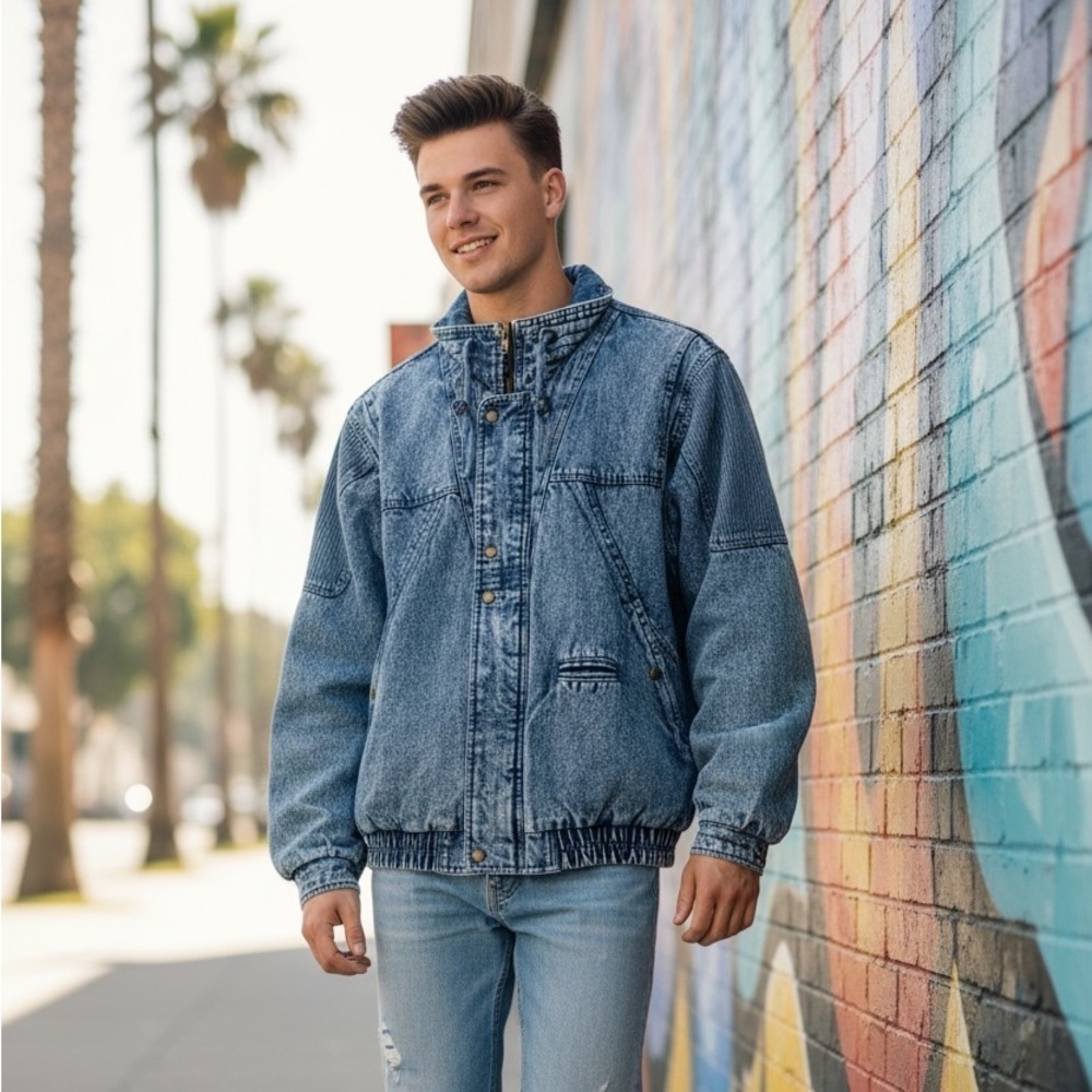 Vintage Denim Bomber Jacket Cargo Retro American Weekend Blue Unisex XL 90’s